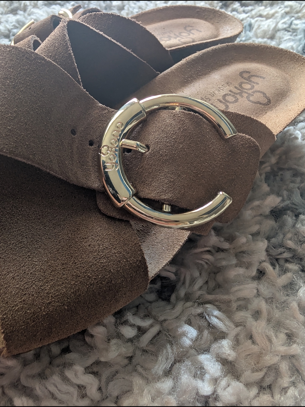 Brown Suede Slide Sandals with Gold Buckle - Picture 8 of 17